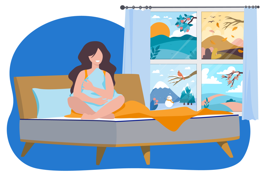 woman in bed with four different seasons portrayed outside